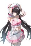  1girl absurdres arms_up bandaid bandaid_on_leg bandaid_on_thigh beret bikini bikini_skirt black_hair breasts chisa_(peach_parfait)_(wuthering_waves) chisa_(wuthering_waves) commentary_request food food_in_mouth hairband hat highres large_breasts long_hair looking_at_viewer official_alternate_costume pink_bikini plaid_bikini plaid_clothes pocky pocky_in_mouth red_eyes see-through_clothes see-through_skirt shui_yu_yan_zd simple_background skirt solo swimsuit tacet_mark_(wuthering_waves) thigh_strap white_background white_hairband white_hat white_skirt wuthering_waves 