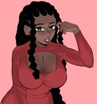  1girl black_hair breasts cleavage dark-skinned_female dark_skin dreadlocks eyelashes highaldo highres large_breasts long_hair nelly_(highaldo) original parted_lips pink_background red_nails simple_background solo 