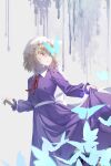  1girl absurdres back_bow blonde_hair bow bug butterfly collared_dress commentary contrast_collar cowboy_shot dress frilled_dress frills from_side hair_over_one_eye hat highres holding_own_dress kanade_sep maribel_hearn medium_hair mob_cap neck_ribbon parted_lips purple_dress purple_eyes red_ribbon ribbon solo too_many too_many_butterflies touhou white_background white_bow white_hat 