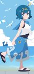  1girl absurdres black_one-piece_swimsuit black_sandals blue_eyes blue_hair blue_pants bright_pupils closed_mouth cloud commentary day from_side hairband highres kocha_(jgug7553) lana_(pokemon) lapras looking_to_the_side one-piece_swimsuit outdoors pants pokemon pokemon_(anime) pokemon_(creature) pokemon_the_series:_sun_&amp;_moon sandals shirt short_hair silhouette sky sleeveless sleeveless_shirt smile split_mouth standing swimsuit swimsuit_under_clothes wave_print white_pupils white_shirt wingull yellow_hairband 
