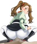  1girl ass blush boots brown_eyes brown_hair gundam gundam_build_fighters gundam_build_fighters_try hair_ornament hetero high-waist_skirt knee_boots long_hair monpuchi pantyhose sazaki_kaoruko sitting sitting_on_face sitting_on_person skirt skirt_lift smell smile squatting twintails white_legwear 