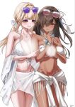  2girls bare_shoulders bikini blonde_hair blush bow bracelet breasts brown-tinted_eyewear brown_eyes brown_hair cleavage closed_mouth clothes_around_waist commentary_request dark-skinned_female dark_skin dazzling_pearl_(nikke) eyepatch_bikini eyewear_on_head goddess_of_victory:_nikke hair_bow hair_over_one_eye highres huge_breasts jewelry large_breasts light_censor long_hair multiple_girls naga_(nikke) naga_(ring_ensemble)_(nikke) navel necklace o-ring o-ring_bikini official_alternate_costume purple-tinted_eyewear sarong shupita smile sunglasses swimsuit tia_(nikke) tia_(sea_lizzie)_(nikke) tinted_eyewear tongue tongue_out white_bikini white_bow white_sarong 