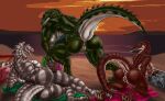 absurd_res acrocanthosaurus aggi_paluxy alcohol allosaurid allosauroid anthro anus ball beach beach_ball beach_towel beverage butt carcharodontosaurid dinosaur female genitals grace_tanitha group hi_res inflatable lokidragon87 looking_at_viewer marci_nopfleur masiakasaurus music_player noasaurid nude prehistoric_species raised_tail reptile saurischian saurophaganax scalie sunset tail theropod towel trio vulva