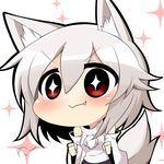  1girl :3 animal_ears blush breasts chibi detached_sleeves fang inubashiri_momiji medium_breasts pom_pom_(clothes) red_eyes short_hair silver_hair smile solo tail touhou twumi wolf_ears wolf_tail 