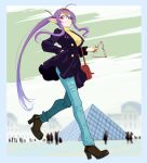  1girl absurdres ahoge aqua_pants bag boots breasts buttons clip_studio_paint coat commentary denim english_commentary eudetenis full_body glasses hair_between_eyes hand_in_pocket handbag high_heel_boots high_heels high_ponytail highres holding holding_removed_eyewear jeans large_breasts long_hair long_sleeves looking_at_viewer original outdoors pants pointy_ears ponytail purple_eyes purple_hair shoulder_bag sidelocks smile sweater turtleneck turtleneck_sweater unworn_eyewear very_long_hair walking 