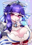  1girl absurdres artist_logo artist_name ascot blue_background blue_gem blush bow breasts choker cleavage english_commentary epaulettes eyelashes face_piercing finger_to_mouth gem hair_bow heart highres inkling inkling_girl inkling_player_character jewelry labret_piercing lace lace_choker large_bow large_breasts logo long_hair long_sleeves looking_at_viewer necklace nose_piercing nose_ring piercing pink_eyes pointy_ears purple_hair shirt sleeves_past_wrists solo splatoon_(series) star_(symbol) striped_bow tiara twitter_username upper_body white_ascot white_shirt xxowo_ovoxx 