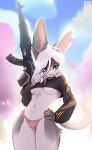 absurd_res anthro breasts cherry_tree clothing crop_top female fruit_tree gun hair hand_on_hip heart_print heart_print_panties heart_print_underwear hi_res lagomorph leporid long_sleeves looking_aside mammal midriff panties pink_clothing pink_panties pink_underwear plant rabbit ranged_weapon shirt solo topwear tree under_boob underwear ventoza weapon white_hair wide_hips
