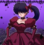  alternate_costume black_hair bow choker dress dress_lift elbow_gloves flower gloves hair_bow kunou_kodachi lace lace-trimmed_gloves long_hair looking_to_the_side petals puffy_short_sleeves puffy_sleeves ranma_1/2 red_dress red_gloves rose short_sleeves side_ponytail solo wanta_(futoshi) 