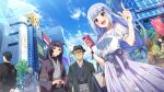  1boy 2girls :d black_hair blue_eyes blue_hair blue_sky card_commentary cellphone check_commentary city commentary_request day family game_asset hair_ornament holding holding_phone idolmaster idolmaster_million_live! idolmaster_million_live!_theater_days index_finger_raised long_hair low-tied_long_hair multiple_girls official_art open_mouth outdoors phone puffy_short_sleeves puffy_sleeves purple_skirt see-through_clothes see-through_sleeves shiraishi_tsumugi shiraishi_tsumugi's_father shiraishi_tsumugi's_mother shirt short_sleeves skirt sky smartphone smile standing sunlight third-party_source white_shirt 