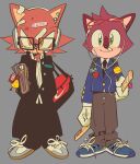  2boys absurdres alternate_costume animal_ears animal_nose avatar_(sonic_forces) bag bandages bandaid bandaid_on_cheek bandaid_on_face bandaid_on_forehead bandaid_on_head bandaid_on_nose barry_the_quokka bespectacled black-framed_eyewear black_jacket black_necktie black_pants blood blue_jacket blush bokken brown_pants bruise buttons charm_(object) closed_mouth coat collared_jacket collared_shirt commentary ear_piercing earbuds earphones eyewear_on_head food fruit full_body furry furry_male gadget_the_wolf gakuran glasses gloves green_eyes grey_background grey_pants hand_in_pocket headphones hedgehog highres holding holding_sword holding_weapon injury jacket kosherea long_sleeves looking_at_viewer male_focus mouth_hold multiple_boys necktie open_clothes pants piercing pocket red-framed_eyewear red_bag red_fur school_bag school_uniform semi-rimless_eyewear shirt shoes shoulder_bag simple_background smile sneakers sonic_(series) sonic_forces standing sunglasses sword the_murder_of_sonic_the_hedgehog untranslatable_commentary weapon white_gloves white_shirt wooden_sword yellow_eyes 