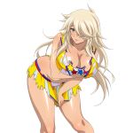  1girl arm_under_breasts bare_shoulders bent_over between_legs blonde_hair blush bra breasts brown_eyes cheerleader cleavage crop_top feet_out_of_frame game_asset hair_over_one_eye hand_between_own_legs ikkitousen ikkitousen_extra_burst large_breasts long_hair looking_at_viewer midriff miniskirt musashibou_benkei_(ikkitousen) navel non-web_source official_art one_eye_covered panties parted_lips purple_bra purple_panties self-datamine simple_background skirt skirt_tug smile solo torn_clothes torn_skirt transparent_background underwear variant_set yellow_skirt 