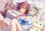  2girls :d :o ;o absurdres arm_up armpits babydoll blue_babydoll blue_choker breasts cardigan choker cleavage commentary criss-cross_halter dan'in-san_(shirogane_noel) dress fluffy_clothes green_eyes halterneck heterochromia highres hololive houshou_marine houshou_marine_(roomwear) jacket jewelry knee_up large_breasts looking_at_viewer lying medium_hair monokawa_(iurl1z) multiple_girls necklace official_alternate_costume official_alternate_hairstyle on_back one_eye_closed open_mouth red_eyes red_hair shirogane_noel shirogane_noel_(sleepwear) short_dress short_hair smile virtual_youtuber white_cardigan white_choker white_dress white_jacket yellow_eyes 