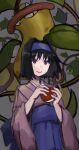  1girl black_hair blue_hairband blue_skirt closed_mouth commentary_request erika_(pokemon) eyelashes grey_background grey_eyes hairband hakama hands_up highres holding holding_poke_ball japanese_clothes kimono kmusy_mp4 poke_ball poke_ball_(basic) pokemon pokemon_(creature) pokemon_red/green/blue/yellow short_hair skirt smile victreebel 