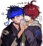  2boys antenna_hair black_collar black_hair black_haori blue_eyes blue_hair blue_streaks collar commentary_request earrings grey_jacket haori heart highres hood hoodie jacket jacket_over_hoodie japanese_clothes jewelry looking_at_another looking_at_viewer makeup male_focus multicolored_hair multiple_boys omokage_yugamu open_mouth pointy_ears print_eyepatch red_hair simple_background smile streaked_hair sumino_takumi sweatdrop teeth tenisunoomu the_hundred_line_-last_defense_academy- upper_teeth_only white_background white_hoodie yaoi 