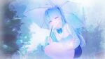  1girl ahoge aokumo_rin bare_legs black_skirt blue_bow blue_bowtie blue_eyes blue_streaks bow bowtie breasts collared_shirt commentary cool_colors day feet_out_of_frame grey_sweater_vest grin hair_intakes highres holding holding_umbrella jirari lamppost long_hair long_sleeves looking_at_viewer medium_breasts miniskirt multicolored_hair offering_hand outdoors pencil_skirt plaid_bow plaid_bowtie plaid_clothes ponytail shirt skirt sky smile solo squatting stellive streaked_hair sweater_vest thighs tree umbrella virtual_youtuber white_hair white_shirt white_sky white_umbrella 