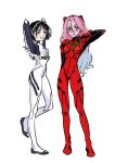  2girls alien_stage ayanami_rei ayanami_rei_(cosplay) black_hair blue_hair bodysuit commentary cosplay english_commentary long_hair mecha_pilot_suit mizi_(alien_stage) multicolored_hair multiple_girls neon_genesis_evangelion pink_hair plugsuit_(evangelion) purple_eyes red_bodysuit short_hair simple_background souryuu_asuka_langley souryuu_asuka_langley_(cosplay) sua_(alien_stage) teary_blues two-tone_hair very_long_hair white_background white_bodysuit yellow_eyes 
