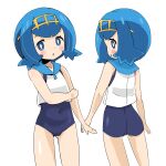  1girl :o absurdres ass ass_visible_through_thighs blue_eyes blue_hair blue_one-piece_swimsuit blue_sailor_collar blush_stickers covered_navel hairband highres lana_(pokemon) lemon_pan multiple_views one-piece_swimsuit parted_lips pokemon pokemon_sun_and_moon sailor_collar shirt simple_background sleeveless sleeveless_shirt swimsuit swimsuit_under_clothes turnaround white_background white_shirt yellow_hairband 