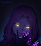  1girl alien_stage artist_name black_gloves blood blood_on_face blood_splatter character_signature colored_blood commentary cunnilingus_gesture curtained_hair dark english_commentary gloves glowing glowing_eyes headset highres long_hair microphone mizi_(alien_stage) ninjadalua pink_blood pink_hair portrait solo tongue tongue_out w yellow_eyes 