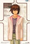  1boy absurdres belt belt_buckle black_belt blood_type blue_eyes brown_hair buckle character_age character_name character_profile closed_mouth commentary copyright_name copyright_notice cowboy_shot english_commentary fukano_youichi green_pants grey_shirt gundam gundam_seed gundam_seed_destiny hair_between_eyes height highres hood hood_down hooded_jacket jacket jewelry kira_yamato light_smile looking_at_viewer male_focus necklace official_art pants pink_jacket scan shirt short_hair solo standing third-party_source weight 