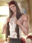  1boy absurdres animal_ear_fluff animal_ears arms_up bare_shoulders blurry collarbone commentary covered_abs covered_pectorals debbie_(debbielu9972) depth_of_field drawstring english_commentary grey_pants highres holding holding_towel indoors love_and_deepspace male_focus muscular muscular_male pants parted_lips pectorals red_eyes red_hair shiny_skin shirt short_hair skin_tight smile solo sweatpants tail tank_top towel towel_on_head valko_(love_and_deepspace) very_short_hair wet wet_clothes wet_shirt white_shirt window wolf_boy wolf_ears wolf_tail 