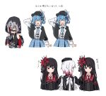  6+girls absurdres armband bare_shoulders beret bird_hat_ornament black_bow black_bowtie black_capelet black_choker black_coat black_dress black_hair black_hat black_hood black_shirt black_tank_top blue_hair blue_necktie blue_skirt bow bowtie braid braided_hair_rings capelet chest_sarashi choker clone closed_eyes coat collared_coat collared_shirt colored_inner_hair commentary_request crossed_bangs crown deerstalker dress flower flower-trimmed_sleeves gradient_hair grey_hair grey_vest hair_between_eyes hair_bow hair_flower hair_ornament hair_rings hat hat_bow highres layered_skirt long_hair long_sleeves mahou_shoujo_no_majo_saiban mini_crown multicolored_hair multiple_girls neck_ribbon necktie nikaido_hiro open_mouth otowac4t pink_hair plaid_armband plaid_clothes plaid_necktie plaid_skirt red_armband red_eyes red_flower red_hair red_necktie ribbon sakuraba_ema sarashi shirt shito_alisa short_hair side_capelet simple_background skirt sleeveless sleeveless_coat smile tachibana_sherry tank_top translation_request vest white_background white_hair white_ribbon white_shirt white_sleeves x_hair_ornament 
