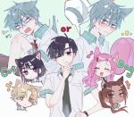  3boys 3girls alien_stage animal_ears black_eyes black_hair black_necktie brown_hair cat_boy cat_ears cat_girl closed_eyes collared_shirt commentary contrast_collar dark-skinned_female dark_skin dog_boy dog_ears dog_girl dog_tail fang green_eyes grey_eyes grey_hair hair_ornament hairclip hand_on_own_chin highres hyuna_(alien_stage) ivan_(alien_stage) luka_(alien_stage) mizi_(alien_stage) multiple_boys multiple_girls necktie one_eye_closed pink_hair purple_eyes sakizome school_uniform shirt short_hair short_sleeves stiff_tail sua_(alien_stage) tail tail_wagging till_(alien_stage) untranslatable_commentary very_short_hair white_shirt yellow_eyes 