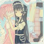  2girls absurdres akemi_homura animal_bag backpack bag bandages bandages_over_eyes black_bonnet black_dress black_eyes black_hair black_socks blush bonnet bow chinstrap closed_mouth dress frilled_bonnet frilled_dress frills gloves hairband hands_on_another's_cheeks hands_on_another's_face hands_on_another's_head height_difference highres kaname_madoka lolita_fashion lolita_hairband long_hair looking_at_viewer mahou_shoujo_madoka_magica mahou_shoujo_madoka_magica_(anime) morinokunika multiple_girls pink_bow pink_dress pink_hair pink_shoes puffy_short_sleeves puffy_sleeves rabbit_bag shoes short_hair short_sleeves short_twintails skirt smile socks standing_on_another's_feet twintails white_gloves white_socks yuri 