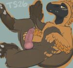 2026 anthro black_markings blush bodily_fluids brown_body claws colored colored_sketch dinosaur dromaeosaurid erection feathers flat_colors genital_fluids genitals hi_res holding_own_penis holding_penis knot knotted_penis looking_at_viewer male male_anthro markings multicolored_body nude_anthro nude_male orange_body penis precum prehistoric_species reptile saurischian scalie sketch smile snout solo tail taintedstar teeth theropod