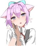  animal_ears blue_eyes blush cat_ears commentary_request fang gloves hair_ornament hand_on_another's_cheek hand_on_another's_face hand_on_another's_head holding_hands kantai_collection kemonomimi_mode looking_at_viewer neck_ribbon open_mouth out_of_frame pink_hair red_neckwear red_ribbon ribbon school_uniform shiranui_(kantai_collection) short_hair simple_background solo_focus takeshima_(nia) vest white_background white_gloves 