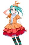  1girl absurdres aqua_eyes aqua_hair commentary dress googly_eyes hat highres looking_at_viewer monogatari_(series) moobong multicolored_dress multicolored_thighhighs ononoki_yotsugi orange_dress orange_hat puffy_short_sleeves puffy_sleeves red_dress short_sleeves simple_background solo thighhighs twintails two-tone_thighhighs untranslatable_commentary v white_background 