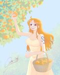  1girl absurdres alternate_costume artist_name bare_shoulders basket breasts collarbone commentary cowboy_shot dress food fruit highres holding holding_basket holding_food holding_fruit jolly_roger joshua_one_piece_arts large_breasts long_hair looking_up mandarin_orange nami_(one_piece) one_piece open_mouth orange_eyes orange_hair orange_tree shoulder_tattoo signature single_sidelock smile solo spaghetti_strap straw_hats_jolly_roger tattoo teeth upper_teeth_only wavy_hair yellow_dress 