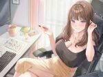  1girl absurdres bare_shoulders black_shirt bracelet breasts brown_hair chair cleavage computer_keyboard cup ears_visible_through_hair from_above hair_behind_ear highres jewelry large_breasts light_blush long_hair long_skirt looking_at_viewer monitor necklace office office_chair original pen pencil_skirt purple_eyes sakamuke shirt sitting skirt solo swivel_chair teacher voice_drama_available yellow_skirt 