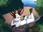 anthro antlers beach bikini blep blush breasts butt choker cleavage clothed clothing eternity_(sreyals) female floofflebutt front_view glistening glistening_butt glistening_horn hi_res horn jackalope jewelry lagomorph looking_aside lying mammal necklace on_front open_clothing open_topwear solo swimwear tongue tongue_out topwear two-piece_swimsuit