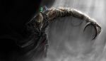 1boy absurdres baral_(project_moon) blood blood_on_weapon bowing claw_(weapon) coat commentary_request hen_na highres korean_commentary light_particles mechanical_arms mechanical_head project_moon trench_coat vial weapon 