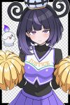  >_< 1girl absurdres alternate_costume black_bodystocking black_border blunt_bangs blush bob_cut border breasts candle cheerleader closed_eyes closed_mouth collarbone commentary_request covered_navel crop_top fire gwynn_(pokemon) hat highres holding holding_pom_poms litwick looking_at_viewer medium_breasts mega_stone odorukaminoke open_mouth pokemon pokemon_(creature) pokemon_legends:_z-a pom_pom_(cheerleading) purple_eyes purple_hair purple_skirt shirt short_hair skirt sleeveless sleeveless_shirt smile 