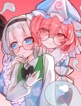  2091966 2girls absurdres artist_name bespectacled black_bow black_bowtie black_hairband blue_eyes blue_hat blue_kimono blush bow bowtie chinese_commentary closed_mouth collared_shirt commentary_request embarrassed frilled_kimono frills glasses gradient_background green_vest grey_hair hairband hat highres hitodama japanese_clothes kimono konpaku_youmu konpaku_youmu_(ghost) long_sleeves medium_hair mob_cap multiple_girls pink_background pink_eyes pink_hair round_eyewear saigyouji_yuyuko shirt sleeve_garter smile teardrop-framed_glasses touhou triangular_headpiece vest white_shirt wide_sleeves yuri 