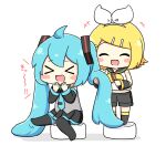  >_< +++ 2girls :3 :d ahoge blonde_hair blue_hair blue_necktie blush_stickers bow_hairband brushing_another's_hair brushing_hair chibi chibi_only closed_eyes commentary_request detached_sleeves double-parted_bangs fang full_body hair_ornament hairband hairclip hatsune_miku kagamine_rin long_hair multiple_girls neckerchief necktie nukotun open_mouth parallel_hairclips short_hair simple_background sitting smile standing twintails very_long_hair vocaloid white_background white_hairband xd yellow_neckerchief 