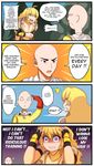  1girl 4koma bald bandages blonde_hair breasts cape cleavage clenched_teeth comic crossover english engrish gloves highres large_breasts long_hair one-punch_man purple_eyes ranguage rouzille_(artist) rwby saitama_(one-punch_man) scared shaded_face sweat tears teeth trembling typo yang_xiao_long 