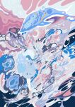  1girl abstract absurdres arms_behind_back blue_dress blue_hair bubble commentary dress english_commentary fish full_body hato_(n_hat_mu) highres jellyfish long_hair long_sleeves original ponytail shoes solo standing water waves whale wide_shot 