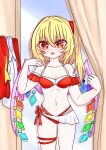  1girl absurdres alternate_costume bikini blonde_hair blush breasts cleavage collarbone commentary cowboy_shot crystal crystal_wings curtains embarrassed eroelu flandre_scarlet hair_between_eyes highres looking_at_viewer medium_breasts multicolored_bikini multicolored_wings one_side_up open_mouth pointy_ears red_bikini red_eyes shirt skindentation solo swimsuit thigh_strap thighs touhou two-tone_bikini unworn_shirt white_bikini wings 