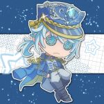  1boy :< abstract_background belt belt_boots belt_buckle black_boots blue_background blue_belt blue_eyes blue_gem blue_hair blue_hat boots buckle button_eyes buttons character_doll chibi chibi_only clothing_request commentary_request deformed doll edgar_valden edgar_valden_(symphonic_elegy) epaulettes full_body gem glint grid_background halftone hands_in_pockets hat highres identity_v jacket jacket_on_shoulders kepi kinoshita_aki knee_boots long_sleeves male_focus military_hat military_uniform off_shoulder official_alternate_costume official_alternate_hairstyle outline pants ponytail silver_trim solo star_(sky) star_(symbol) starry_sky_background white_outline white_pants 
