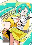  1girl \m/ absurdres aqua_eyes aqua_hair blush border brown_background cocked_eyebrow commentary_request congratulations cowboy_shot double_\m/ english_text food food-themed_hair_ornament foreshortening fruit fruit_hair_ornament generalcanon green_background hair_between_eyes hair_ornament hatsune_miku highres lemon lemon_melon_cookie_(vocaloid) long_hair looking_at_viewer melon necktie official_alternate_costume one_eye_closed open_mouth outline outside_border outstretched_arm plaid_clothes plaid_necktie plaid_skirt pleated_skirt shirt short_sleeves sidelocks signature skirt smile solo teeth thighs twintails very_long_hair vocaloid white_border white_outline white_shirt yellow_background yellow_necktie yellow_skirt 