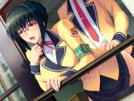  1boy 1girl against_railing armband bent_over black_hair blazer blush breasts clothed_sex clothes_lift drooling dutch_angle fuuki_iinchou_seira game_asset glasses green_hair hair_intakes hetero ishigaki_takashi jacket large_breasts necktie non-web_source official_art open_mouth plaid_clothes plaid_skirt purple_eyes railing red-framed_eyewear safety_pin saliva saotome_seira school_uniform self-datamine sex sex_from_behind short_hair skirt skirt_lift solo_focus stealth_sex variant_set visual_novel_cg 