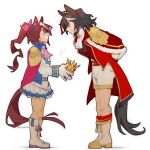  2girls :d animal_ears ascot black_hair blue_eyes blue_shirt boots bow breasts brown_hair capelet closed_mouth coat commentary crown dlanon ear_ornament english_commentary epaulettes from_side full_body gloves grin hair_bow holding holding_crown horse_ears horse_girl horse_tail kitasan_black_(final_bloom)_(umamusume) kitasan_black_(umamusume) leaning_forward long_sleeves looking_at_another medium_breasts multicolored_hair multiple_girls pink_ascot pink_bow pleated_skirt ponytail red_capelet red_coat red_eyes red_vest shirt shorts simple_background skirt smile standing streaked_hair tail tokai_teio_(peak_joy)_(umamusume) tokai_teio_(umamusume) two-tone_shirt umamusume vest white_ascot white_background white_boots white_gloves white_shirt white_shorts white_skirt white_streaks 
