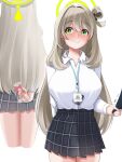  1girl 1other absurdres bag blonde_hair blue_archive blush breasts chocolate closed_mouth collared_shirt commentary cowboy_shot cropped_legs english_commentary green_halo hair_rings halo highres holding holding_bag id_card jozahar lanyard large_breasts long_hair miniskirt multiple_views nervous_smile no_cardigan nonomi_(blue_archive) nose_blush open_collar out_of_frame pleated_skirt pulling_another's_clothes shirt sideways_glance simple_background single_hair_ring skirt smile tented_shirt valentine very_long_hair white_background white_shirt 