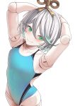  1girl arm_up arms_behind_head arms_up back_cutout blue_one-piece_swimsuit blush braid breasts cecilia_immergreen closed_mouth clothing_cutout colored_inner_hair covered_navel doll_joints double-parted_bangs flat_chest green_eyes green_hair green_streaks grey_hair hair_between_eyes hair_ornament highleg highleg_one-piece_swimsuit highres hololive hololive_english joints looking_at_viewer multicolored_hair one-piece_swimsuit short_hair si_farid side_braid simple_background single_braid skinny small_breasts smile solo standing streaked_hair swimsuit virtual_youtuber white_background winding_key 