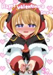  1girl absurdres azur_lane blush chocolate commentary_request english_text hair_between_eyes hair_ornament happy_valentine heart highres hood hoodie looking_at_viewer norfolk_(azur_lane) open_mouth purple_eyes shiranuinuiko short_twintails simple_background solo sweat twintails white_background 