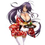  1girl absurdly_long_hair antenna_hair blush bowl breasts cleavage detached_collar enmaided feet_out_of_frame floating_hair floral_print floral_print_kimono food_request game_asset grey_eyes hair_over_one_eye holding holding_tray ikkitousen ikkitousen_extra_burst japanese_clothes kan'u_unchou_(ikkitousen) kimono large_breasts long_hair low-tied_long_hair maid napkin non-web_source official_art one_eye_covered parted_lips print_kimono purple_hair red_kimono self-datamine simple_background skindentation smile solo spoon thighhighs transparent_background tray variant_set very_long_hair wa_maid white_thighhighs wide_sleeves zettai_ryouiki 