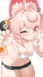 1girl 6v :p absurdres ahoge animal_ear_fluff animal_ear_piercing animal_ears blush braid breasts bright_pupils claws commentary crop_top dolphin_shorts furry furry_female heart highres long_hair looking_at_viewer micro_shorts navel one_eye_closed pink_fur pink_hair rabbit_ears rabbit_girl red_eyes shorts small_breasts smile solo tank_top thick_thighs thigh_gap thighs tongue tongue_out twin_braids white_background white_pupils white_tank_top zenless_zone_zero zhao_(zenless_zone_zero) 