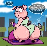 2026 4_fingers accessory ambiguous_gender ankleband anthro bare_shoulders barefoot bent_arm bent_leg big_butt big_nose black_eyebrows black_hooves black_speech_bubble blue_ankleband blue_sky blush blushing_profusely bodily_fluids building butt butt_slap clothed clothed_anthro clothed_female clothing cloud curled_tail curved_eyebrows detailed_background dialogue digital_drawing_(artwork) digital_media_(artwork) domestic_pig english_description english_text eyebrows eyelashes feet female female/ambiguous fingers floppy_ears flying_sweatdrops folded_ears freckled_butt freckles glistening glistening_bodily_fluids glistening_sweat grass green_clothing green_leotard grey_hand head_turned headband hi_res hooved_toes hooves huge_butt illumination_entertainment interrobang kneeling legwear leotard light_body mammal mature_anthro mature_female motion_lines motion_outline mr.under open_mouth pink_blush pink_body pink_ears pink_headband pink_nose pink_tail pink_tongue plant purple_clothing purple_legwear purple_thigh_highs purple_wristband rosita_(sing) short_tail sing_(movie) skimpy sky slap speech_bubble suid suine surprised sus_(pig) sweat sweatdrop sweaty_body sweaty_butt sweaty_face tail text thick_thighs thigh_highs thin_eyebrows three-quarter_view tongue translucent_speech_bubble tree white_clouds white_sclera wristband yellow_eyes yoga_mat